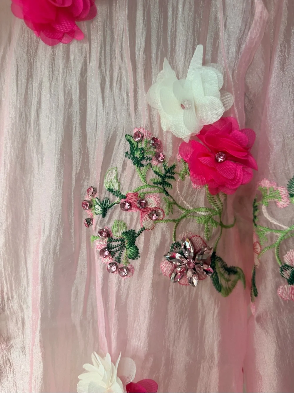 NWT KEBUNUO Pink Sheer Floral Embroidered 3D Appliqué Button-Up Blouse OS - Picture 8 of 12